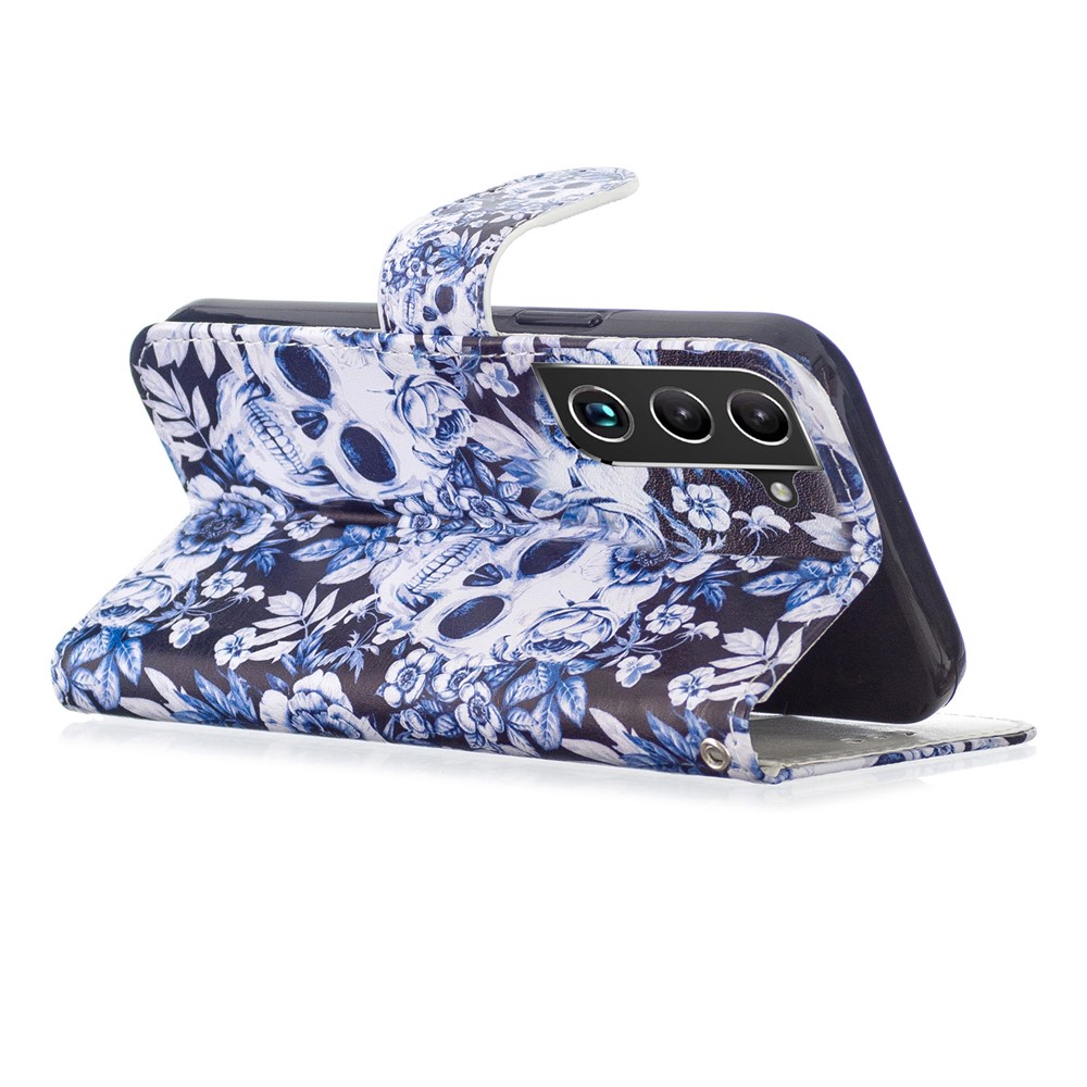 Pattern Printing PU Leather Wallet Book Folio Protective Stand Cover with Wrist Strap for Samsung Galaxy S22 Plus - Skull-5