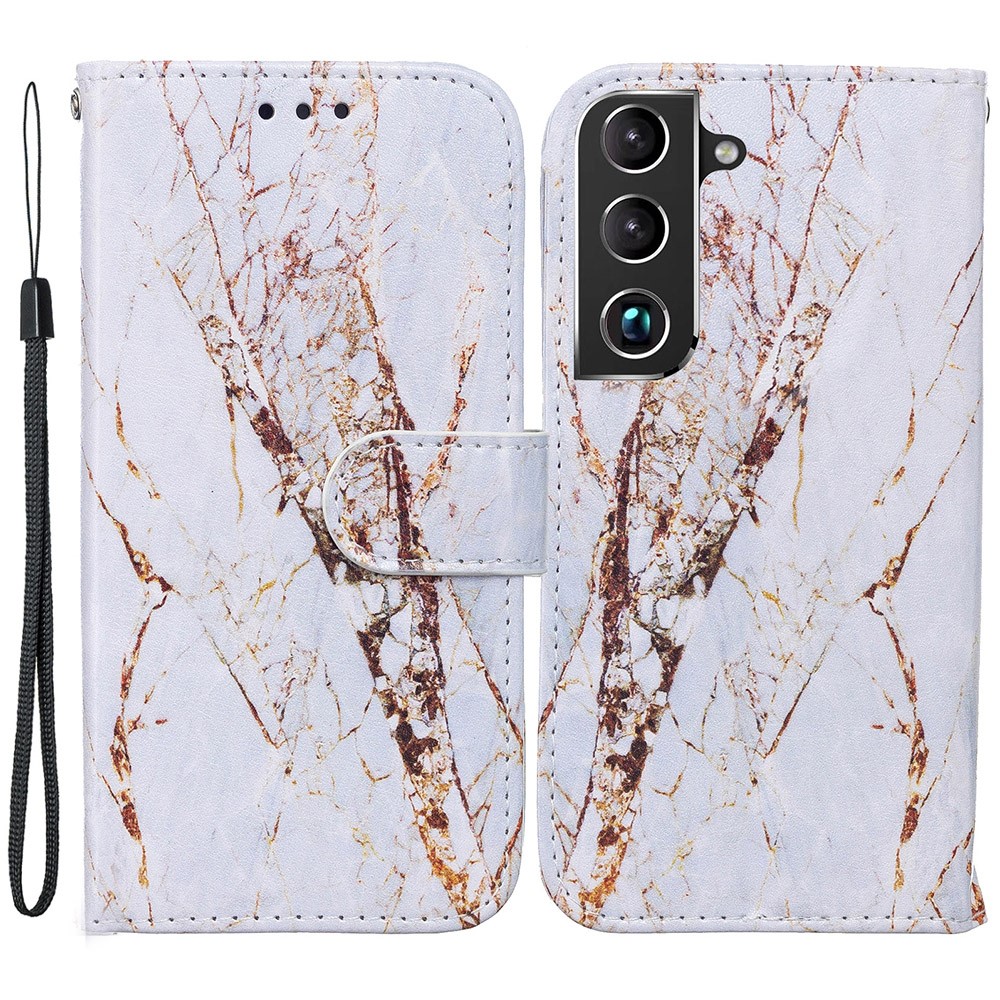 Pattern Printing PU Leather Wallet Book Folio Protective Stand Cover with Wrist Strap for Samsung Galaxy S22 Plus - White Gravel-1