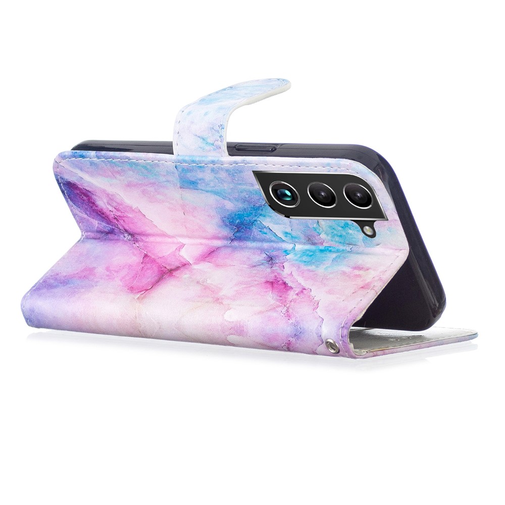 Pattern Printing PU Leather Wallet Book Folio Protective Stand Cover with Wrist Strap for Samsung Galaxy S22 Plus - Pink Marble-5