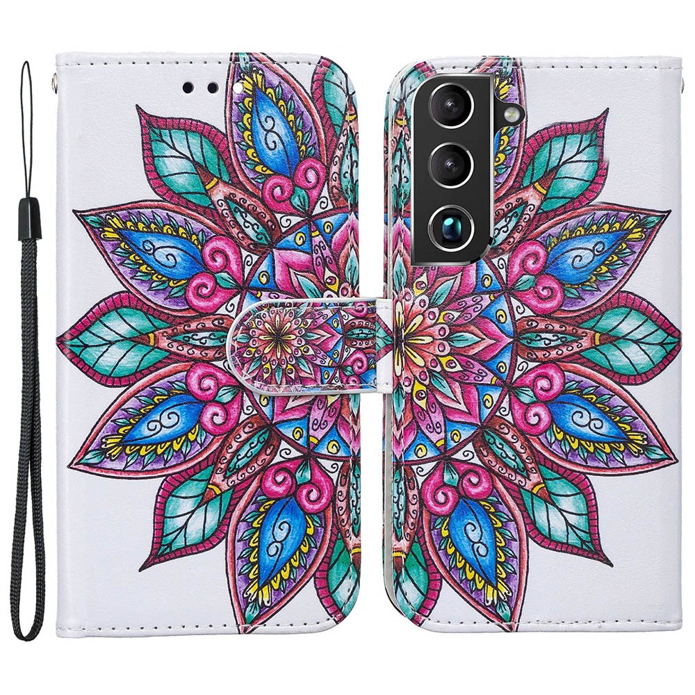 Pattern Printing PU Leather Wallet Book Folio Protective Stand Cover with Wrist Strap for Samsung Galaxy S22 Plus - Flower-1