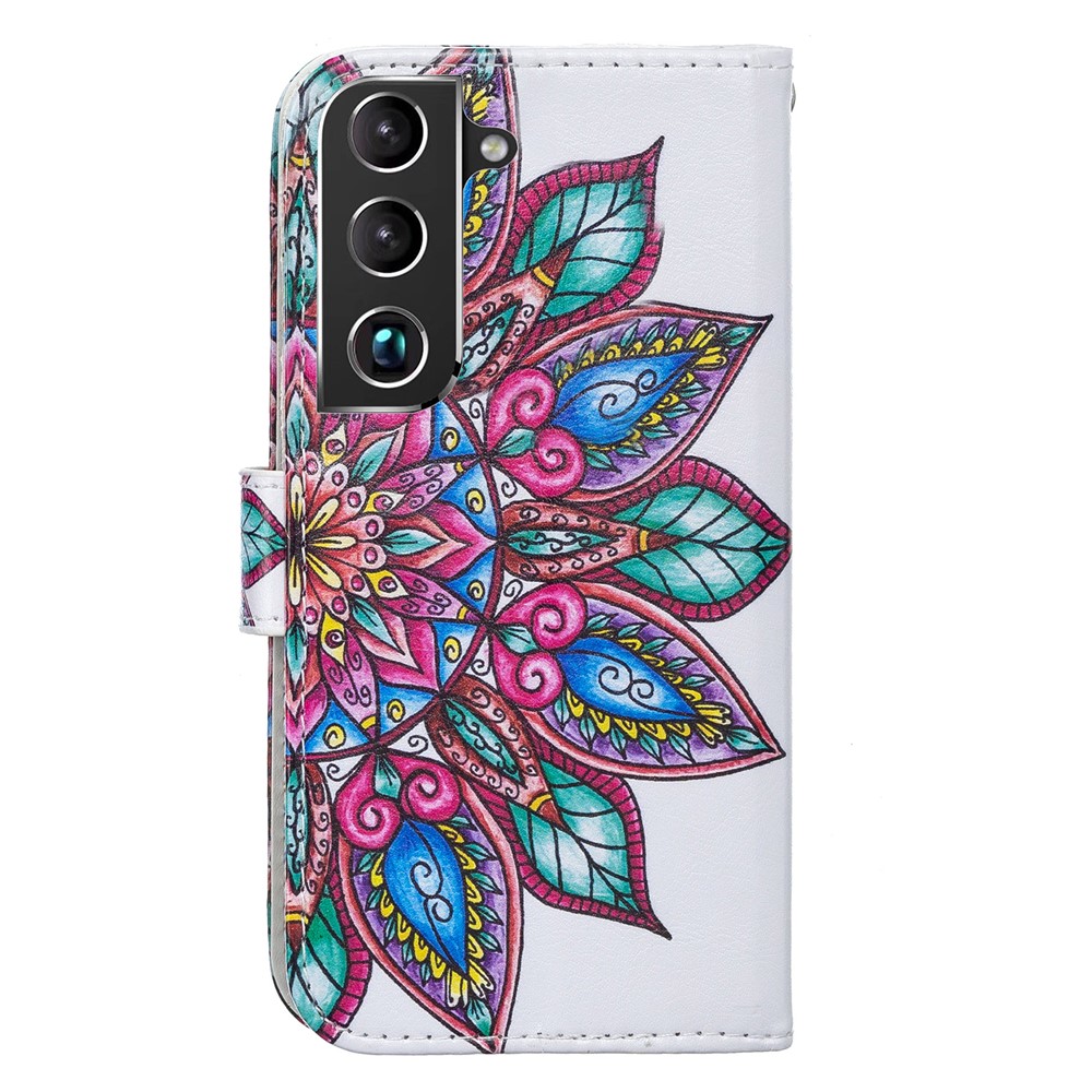 Pattern Printing PU Leather Wallet Book Folio Protective Stand Cover with Wrist Strap for Samsung Galaxy S22 Plus - Flower-4