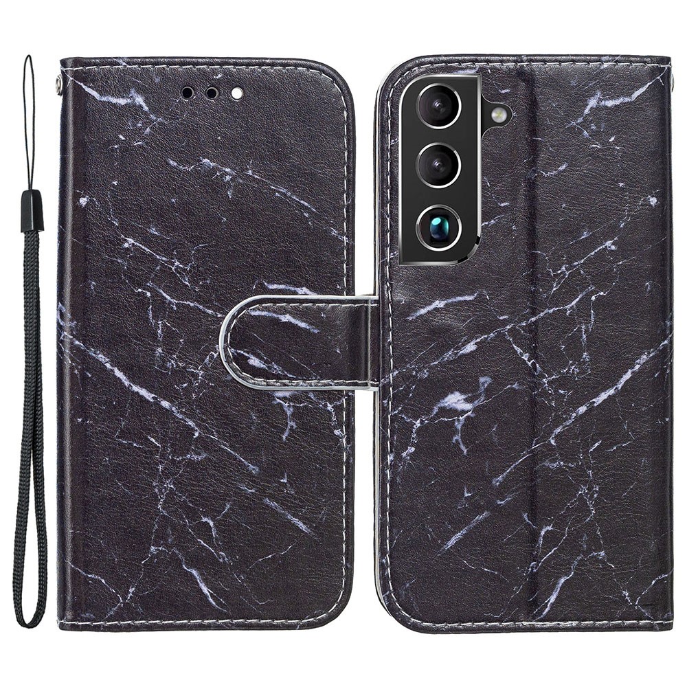 Pattern Printing PU Leather Wallet Book Folio Protective Stand Cover with Wrist Strap for Samsung Galaxy S22 Plus - Black Marble-1