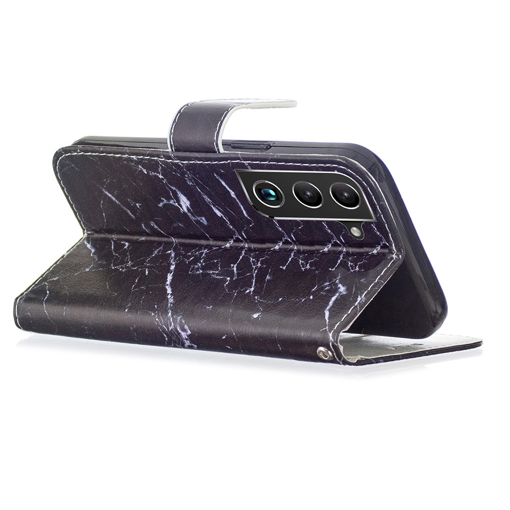Pattern Printing PU Leather Wallet Book Folio Protective Stand Cover with Wrist Strap for Samsung Galaxy S22 Plus - Black Marble-5