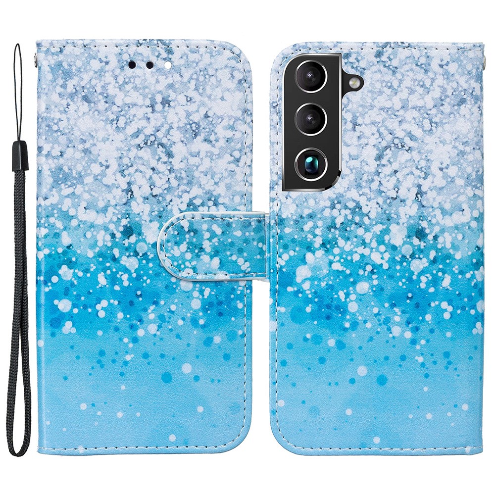 Pattern Printing PU Leather Wallet Book Folio Protective Stand Cover with Wrist Strap for Samsung Galaxy S22 Plus - Sea Water/Sand-1
