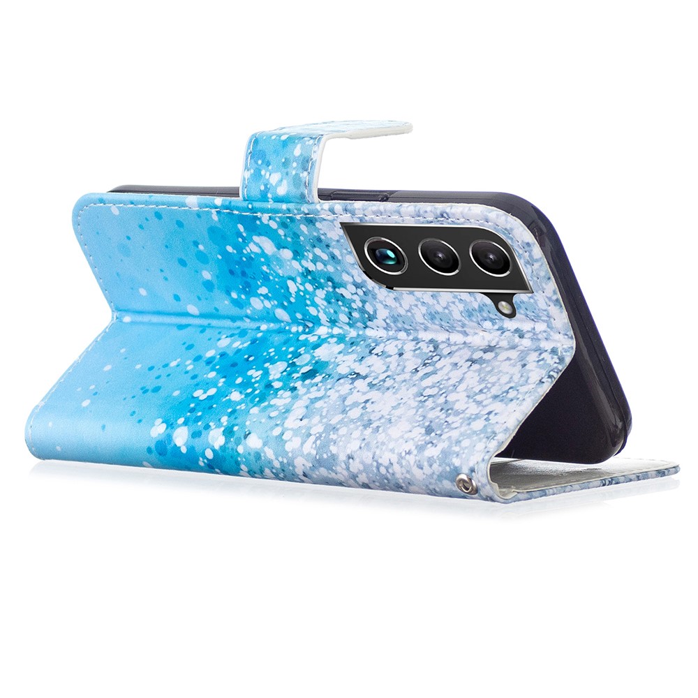 Pattern Printing PU Leather Wallet Book Folio Protective Stand Cover with Wrist Strap for Samsung Galaxy S22 Plus - Sea Water/Sand-5