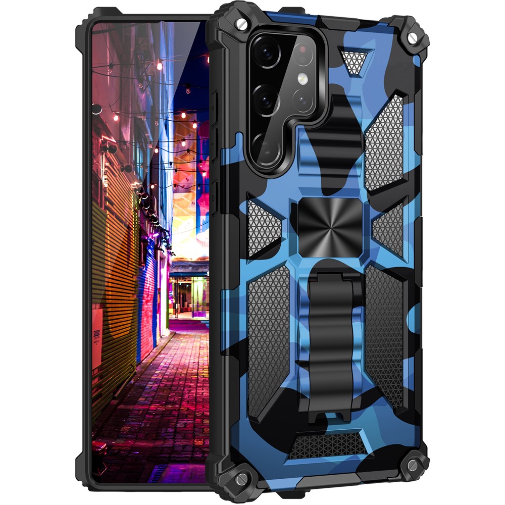 Built-in Kickstand Camouflage Design Well-Protected Anti-Fall Phone Back Cover for Samsung Galaxy S22 Ultra - Dark Blue-1