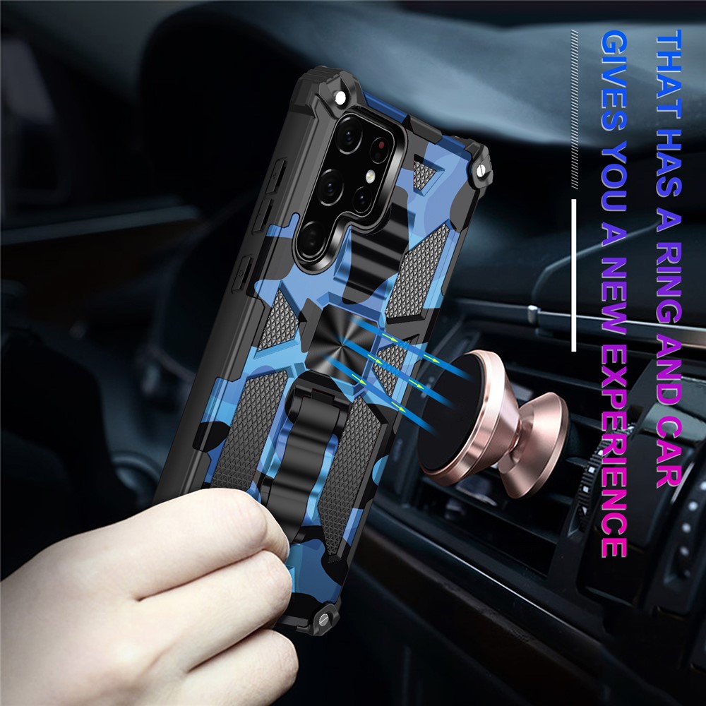 Built-in Kickstand Camouflage Design Well-Protected Anti-Fall Phone Back Cover for Samsung Galaxy S22 Ultra - Dark Blue-3