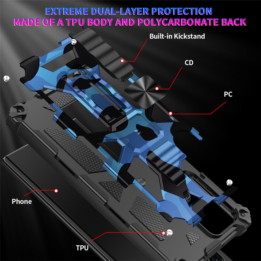 Built-in Kickstand Camouflage Design Well-Protected Anti-Fall Phone Back Cover for Samsung Galaxy S22 Ultra - Dark Blue-5
