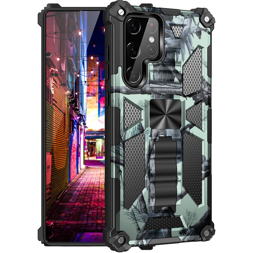 Built-in Kickstand Camouflage Design Well-Protected Anti-Fall Phone Back Cover for Samsung Galaxy S22 Ultra - Mint Green-1