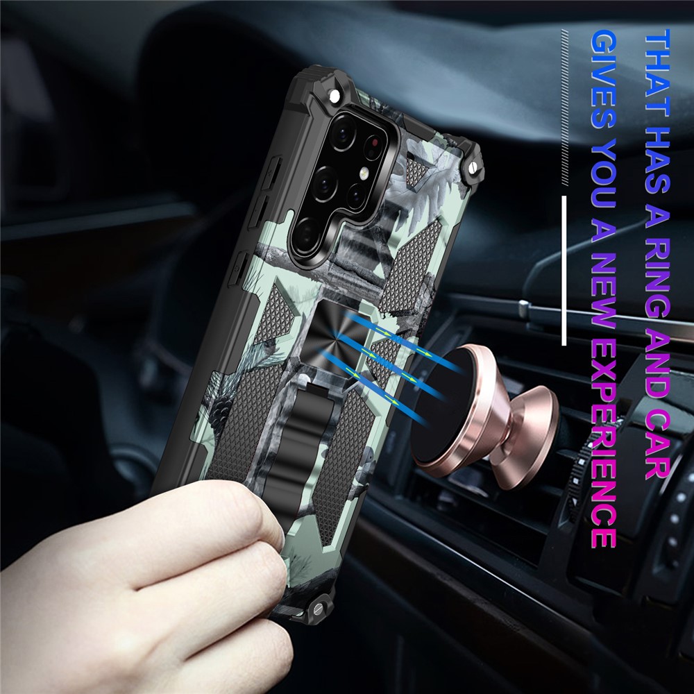Built-in Kickstand Camouflage Design Well-Protected Anti-Fall Phone Back Cover for Samsung Galaxy S22 Ultra - Mint Green-3