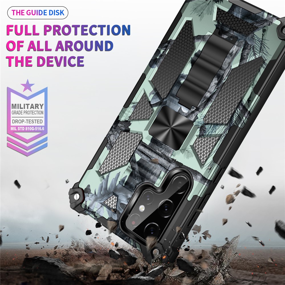 Built-in Kickstand Camouflage Design Well-Protected Anti-Fall Phone Back Cover for Samsung Galaxy S22 Ultra - Mint Green-5