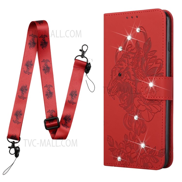 Rhinestones Decor Imprinting Tiger Head PU Leather Phone Stand Cover Wallet Case with Adjustable Lanyard for Samsung Galaxy S22 Plus - Red-2