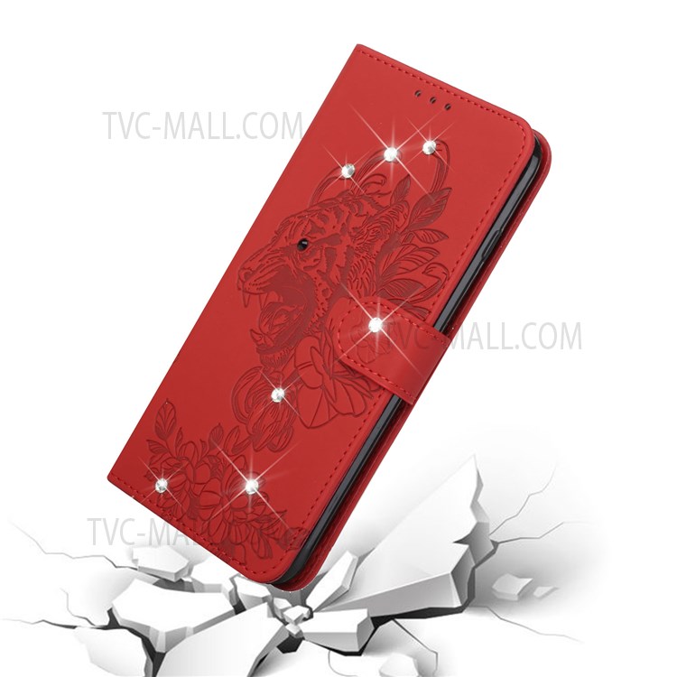 Rhinestones Decor Imprinting Tiger Head PU Leather Phone Stand Cover Wallet Case with Adjustable Lanyard for Samsung Galaxy S22 Plus - Red-6