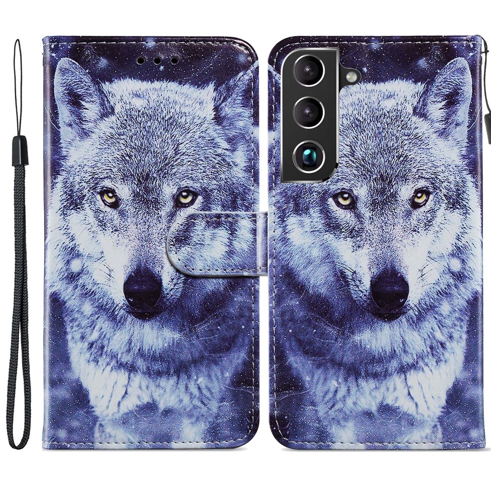Stand Bookstyle Pattern Printing PU Leather Wallet Magnetic Flip Folio Cover with Wrist Strap for Samsung Galaxy S22 - Wolf-1