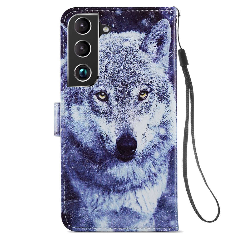 Stand Bookstyle Pattern Printing PU Leather Wallet Magnetic Flip Folio Cover with Wrist Strap for Samsung Galaxy S22 - Wolf-3