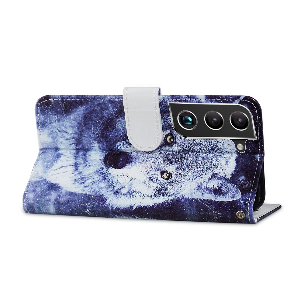 Stand Bookstyle Pattern Printing PU Leather Wallet Magnetic Flip Folio Cover with Wrist Strap for Samsung Galaxy S22 - Wolf-4