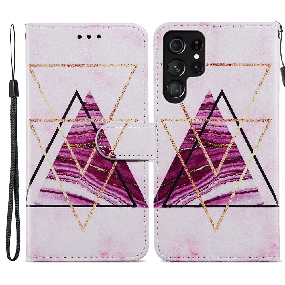 Pattern Printing Design Wallet Flip Stand PU Leather Magnetic Closure Cover with Wrist Strap for Samsung Galaxy S22 Ultra - Tri-color Marble-1