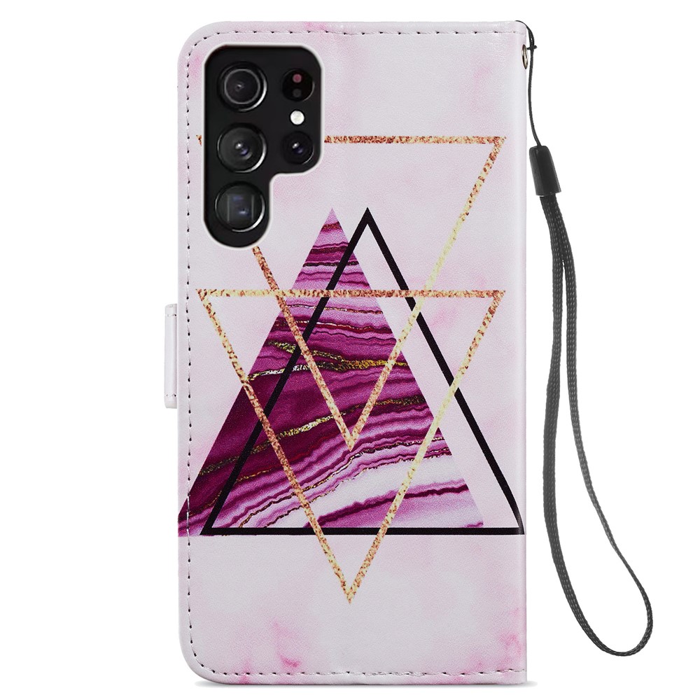 Pattern Printing Design Wallet Flip Stand PU Leather Magnetic Closure Cover with Wrist Strap for Samsung Galaxy S22 Ultra - Tri-color Marble-3