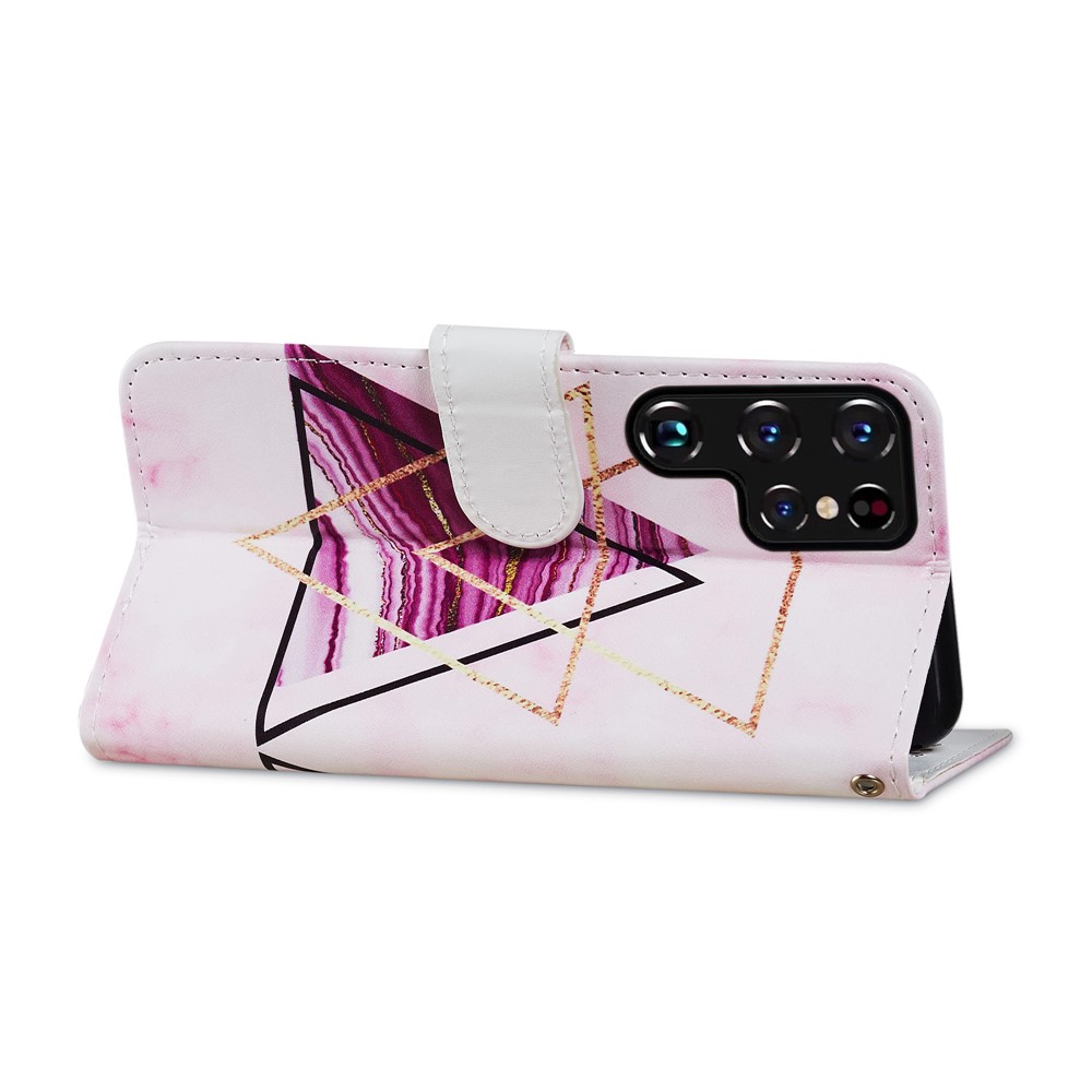 Pattern Printing Design Wallet Flip Stand PU Leather Magnetic Closure Cover with Wrist Strap for Samsung Galaxy S22 Ultra - Tri-color Marble-4