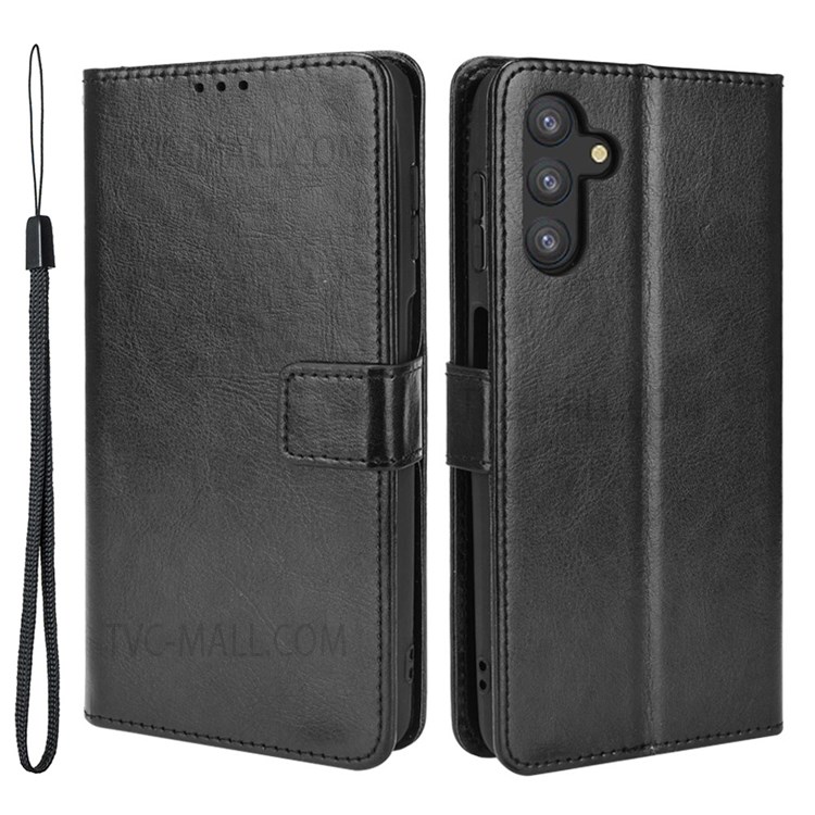 Stand Feature Crazy Horse Texture PU Leather Wallet Magnetic Closure Shockproof Flip Cover with Wrist Strap for Samsung Galaxy A13 5G - Black-1