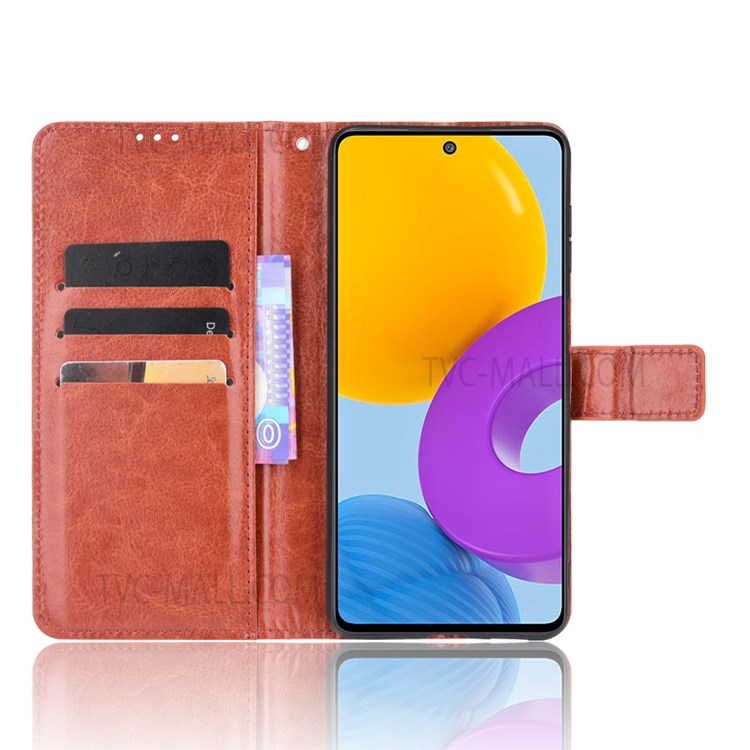 Stand Feature Crazy Horse Texture PU Leather Magnetic Closure Flip Wallet Phone Case with Strap for Samsung Galaxy M52 5G - Brown-4