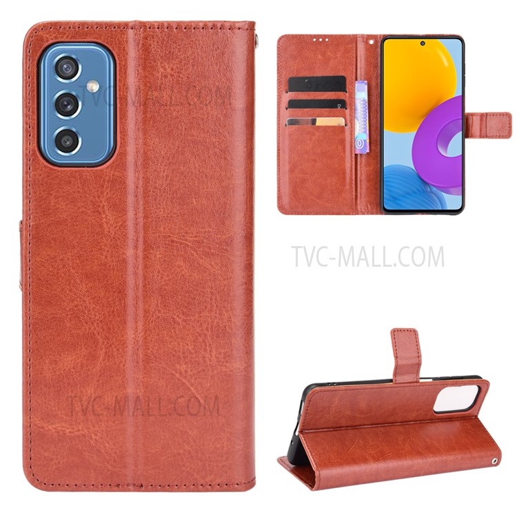 Stand Feature Crazy Horse Texture PU Leather Magnetic Closure Flip Wallet Phone Case with Strap for Samsung Galaxy M52 5G - Brown-6