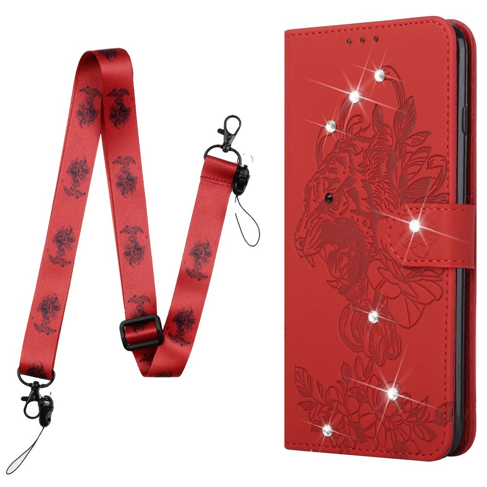 Shiny Rhinestones Imprinting Tiger Head Design Wallet Stand Leather Case Shell with Lanyard for Samsung Galaxy S22 Ultra - Red-2