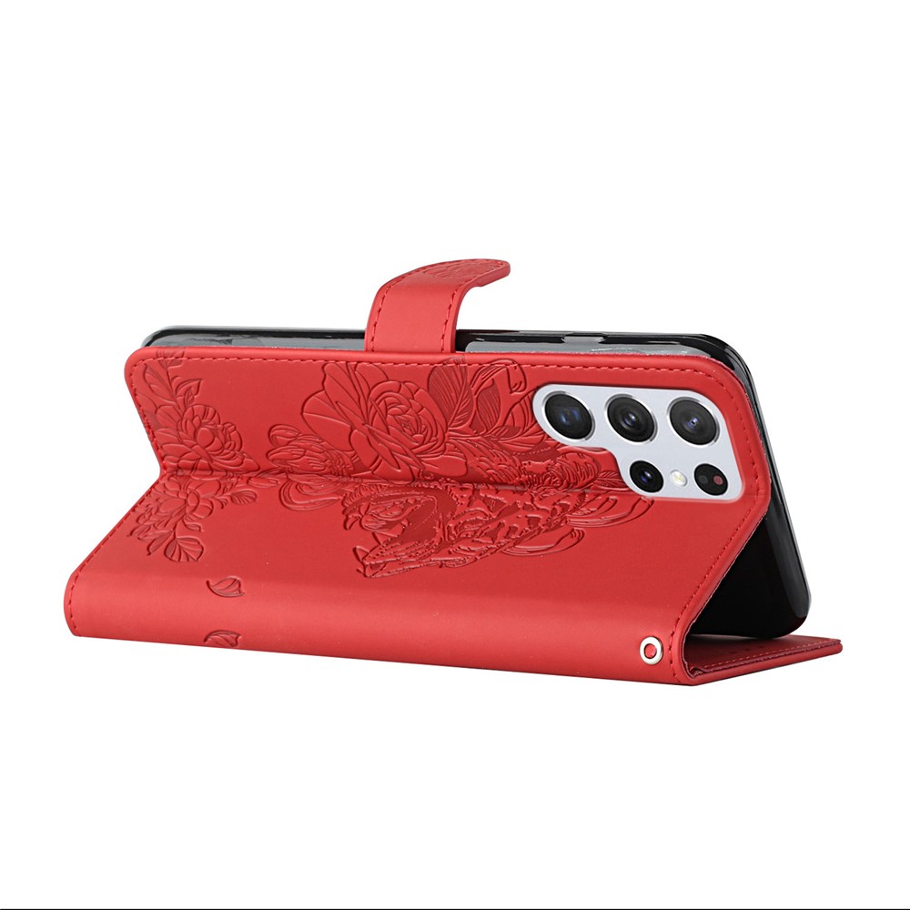 Shiny Rhinestones Imprinting Tiger Head Design Wallet Stand Leather Case Shell with Lanyard for Samsung Galaxy S22 Ultra - Red-4