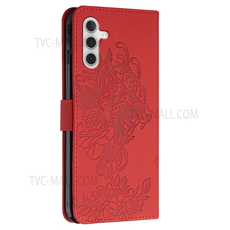 Stand Wallet Design Imprinting Tiger Head Rhinestones Leather Case Phone Cover with Lanyard for Samsung Galaxy A13 5G - Red-3