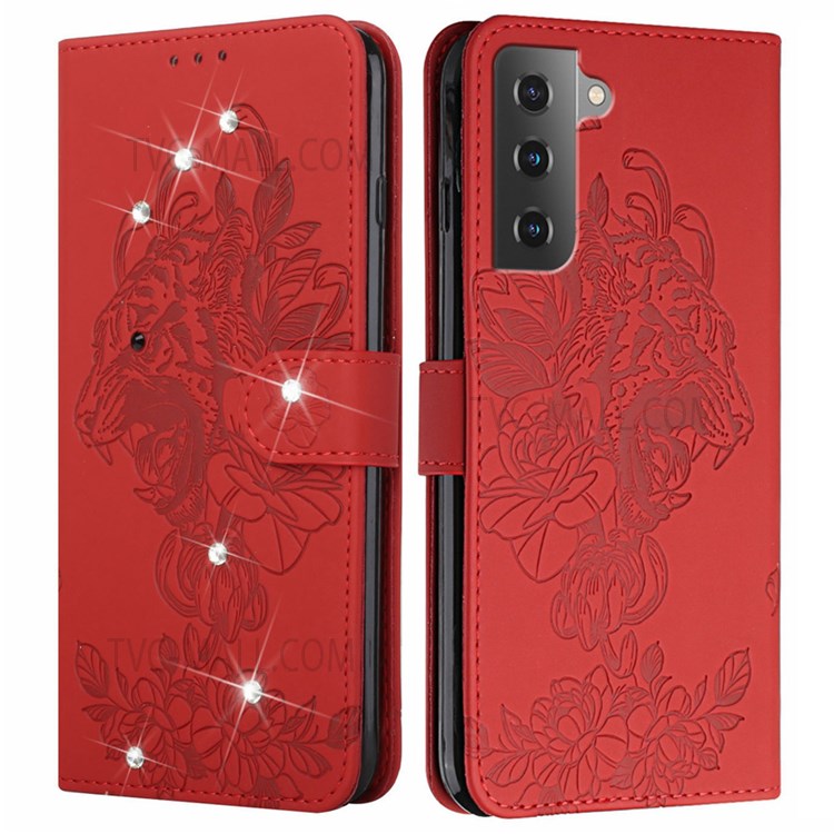 Imprinting Tiger Head Rhinestone Decor Full Protection Leather Phone Cover Case with Stand Wallet Design for Samsung Galaxy S22 - Red-1
