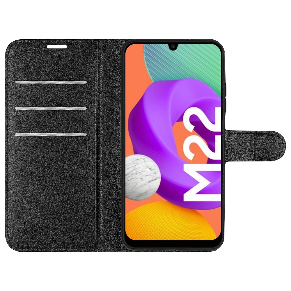 Solid Color Litchi Texture Scratch-resistant PU Leather Stand Wallet Flip Protective Phone Cover for Samsung Galaxy M22 - Black-4
