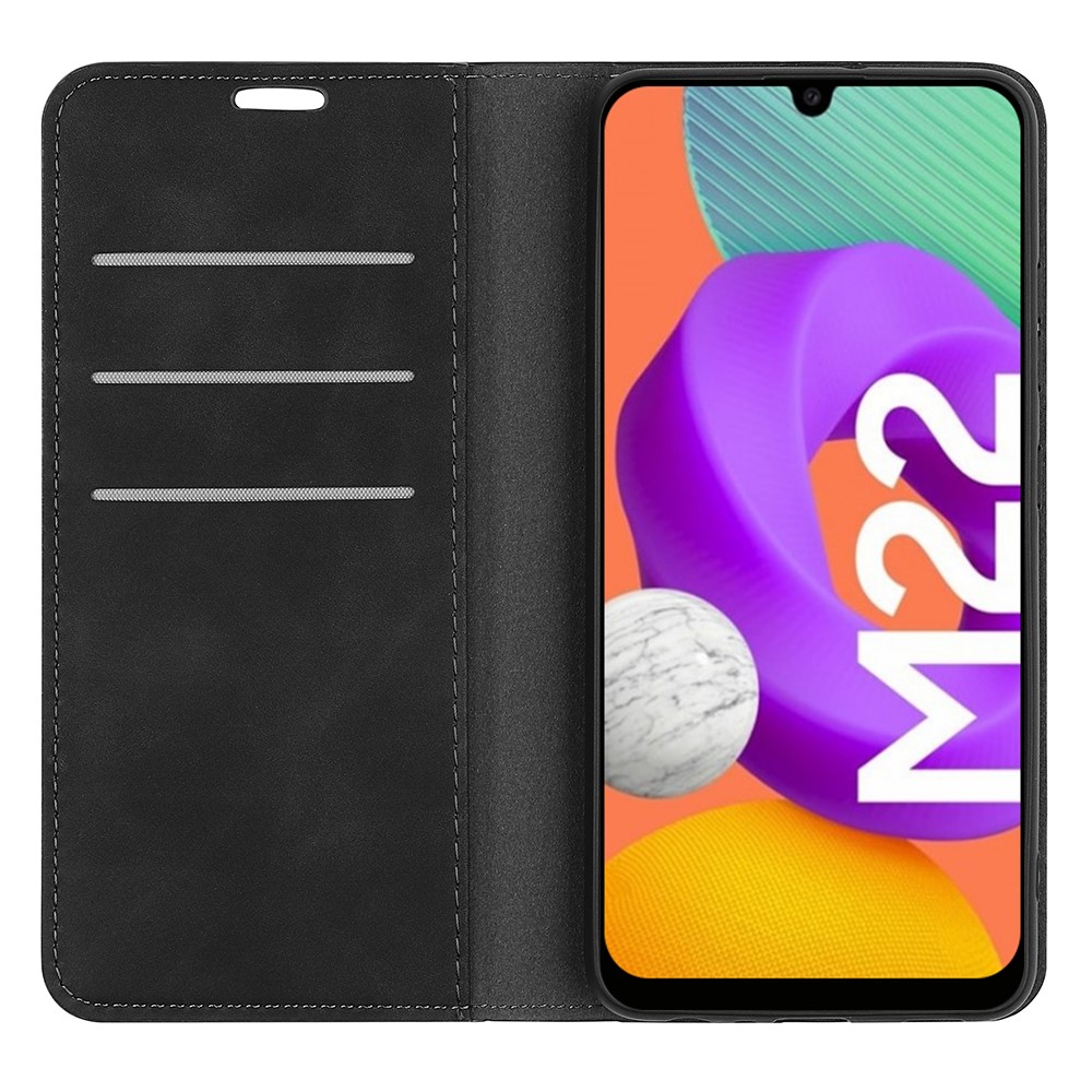Smooth Scratch-resistant Automatic Magnetic Closure Skin-touch Flip Wallet Leather Cover Shell with Stand for Samsung Galaxy M22 - Black-4