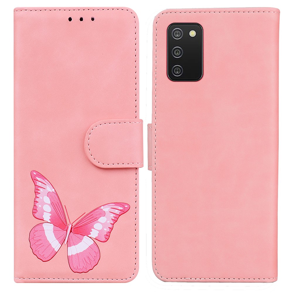 Stand Regolabile Design Big Butterfly Color Stampa Colore Skin-touch PU Portafoglio In Pelle Copertura Del Telefono Per Samsung Galaxy A02S (164.2x75.9x9.1mm) - Rosa