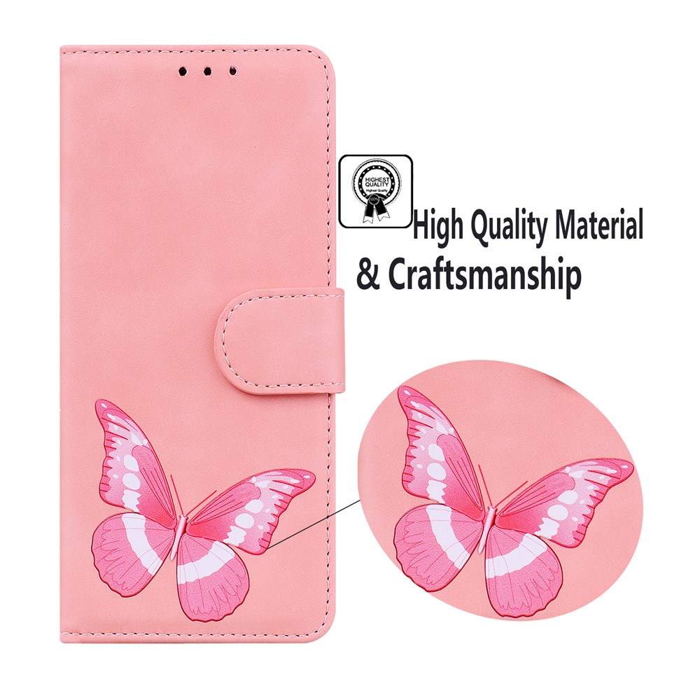 Stand Regolabile Design Big Butterfly Color Stampa Colore Skin-touch PU Portafoglio In Pelle Copertura Del Telefono Per Samsung Galaxy A02S (164.2x75.9x9.1mm) - Rosa