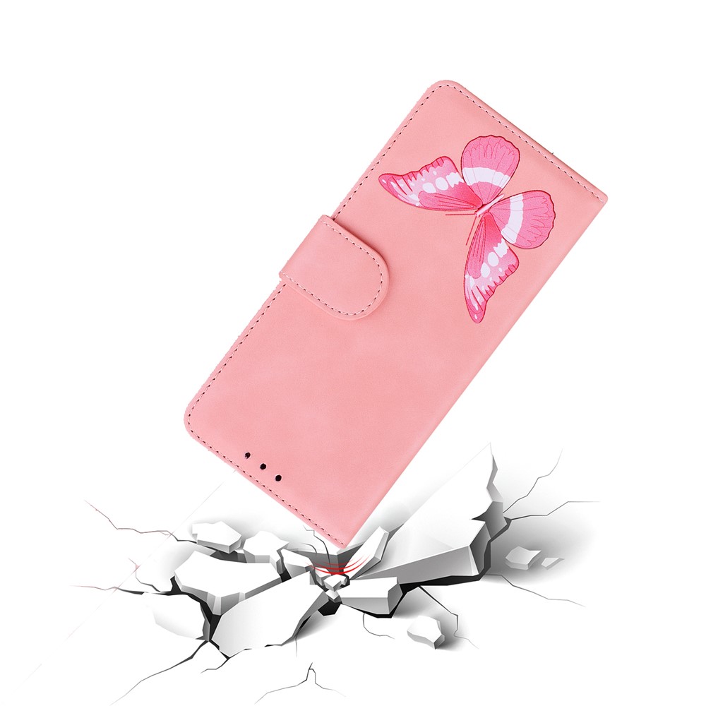 Stand Regolabile Design Big Butterfly Color Stampa Colore Skin-touch PU Portafoglio In Pelle Copertura Del Telefono Per Samsung Galaxy A02S (164.2x75.9x9.1mm) - Rosa