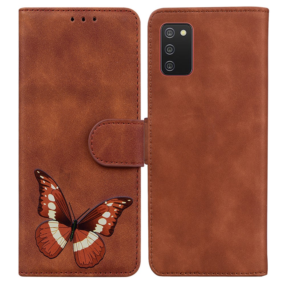 Wallet Stand Design Big Butterfly Color Printing Skin-Touch PU Leather Phone Cover Shell for Samsung Galaxy A02s (166.5x75.9x9.2mm) - Brown-1