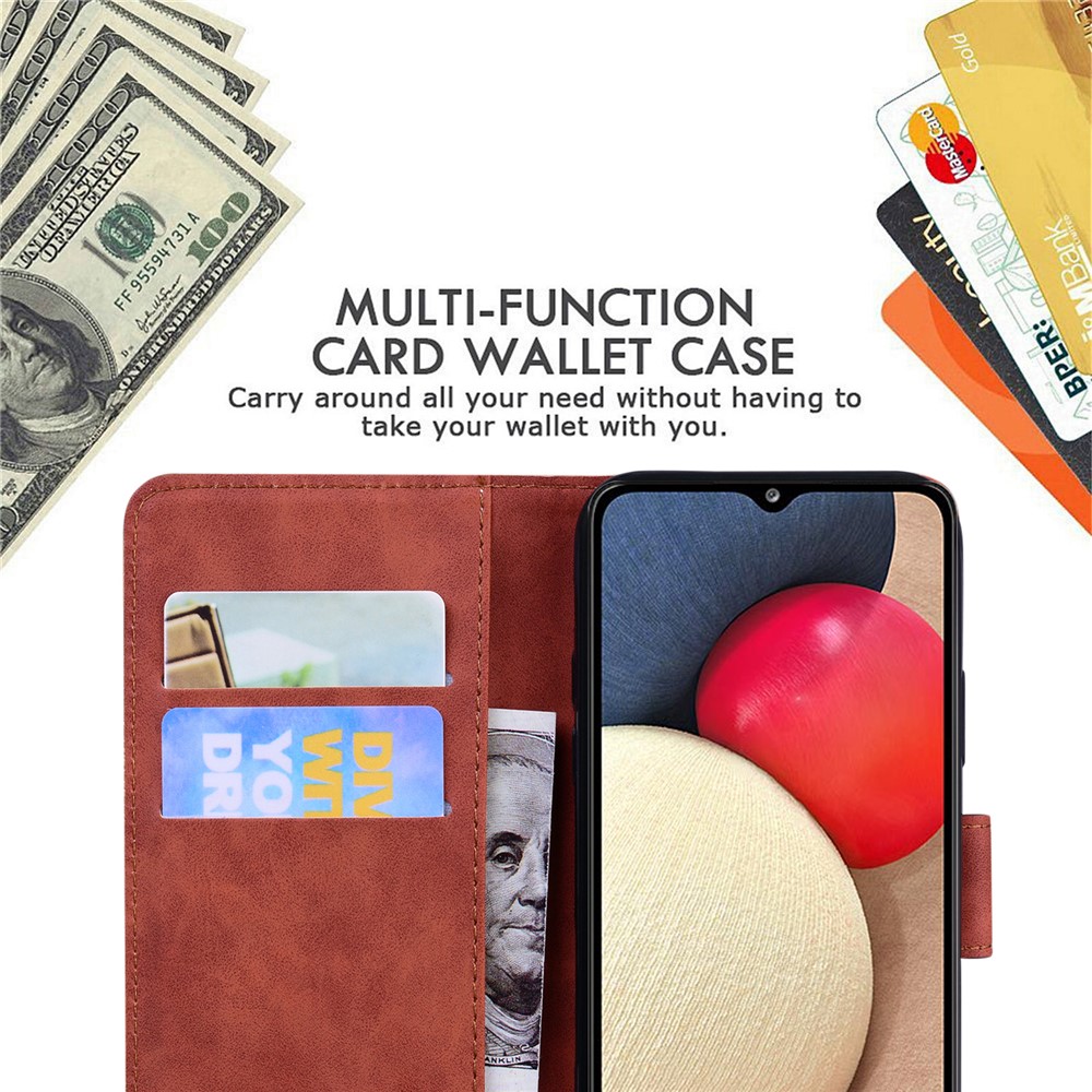 Wallet Stand Design Big Butterfly Color Printing Skin-Touch PU Leather Phone Cover Shell for Samsung Galaxy A02s (166.5x75.9x9.2mm) - Brown-8