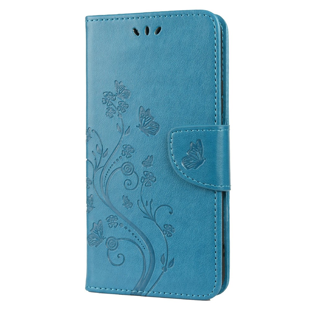 Imprinting Butterflies Flowers PU Leather Folio Flip Phone Case Stand Wallet Cover for Samsung Galaxy S22 - Blue-2