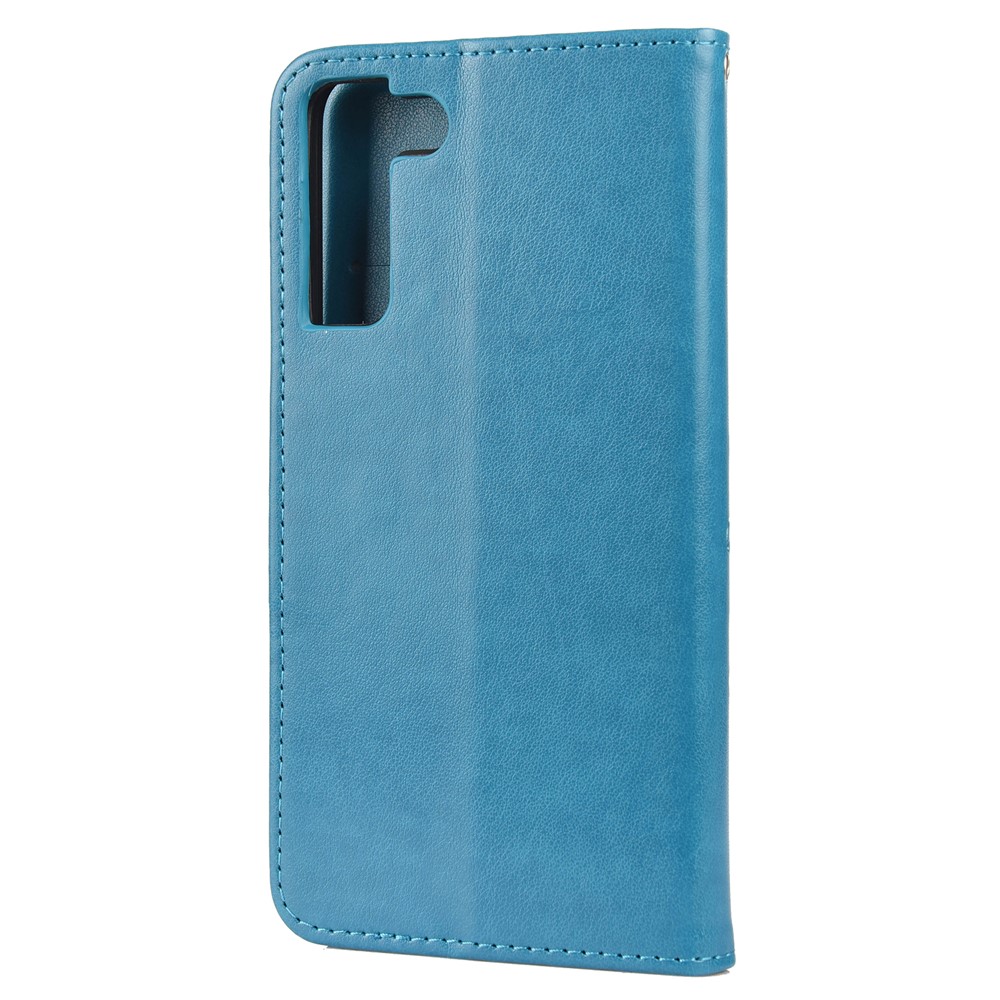 Imprinting Butterflies Flowers PU Leather Folio Flip Phone Case Stand Wallet Cover for Samsung Galaxy S22 - Blue-3