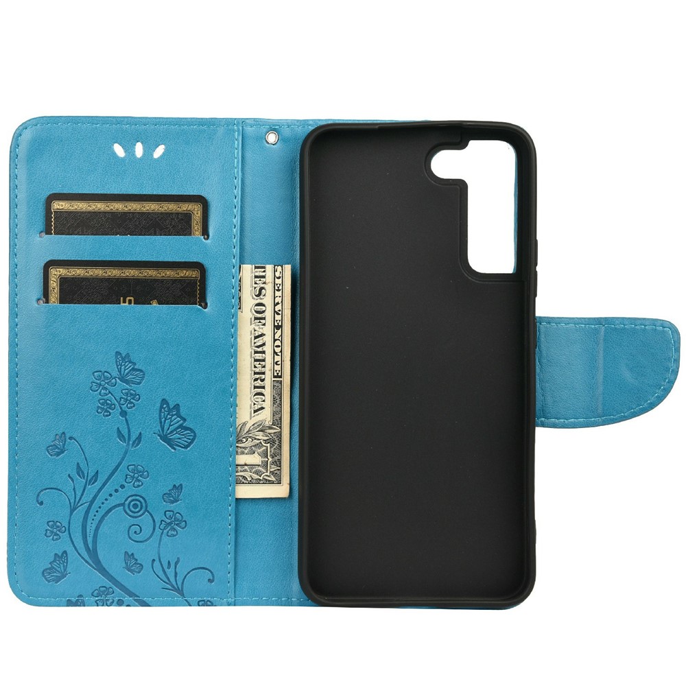 Imprinting Butterflies Flowers PU Leather Folio Flip Phone Case Stand Wallet Cover for Samsung Galaxy S22 - Blue-4