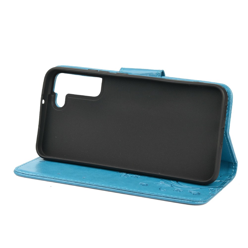 Imprinting Butterflies Flowers PU Leather Folio Flip Phone Case Stand Wallet Cover for Samsung Galaxy S22 - Blue-5