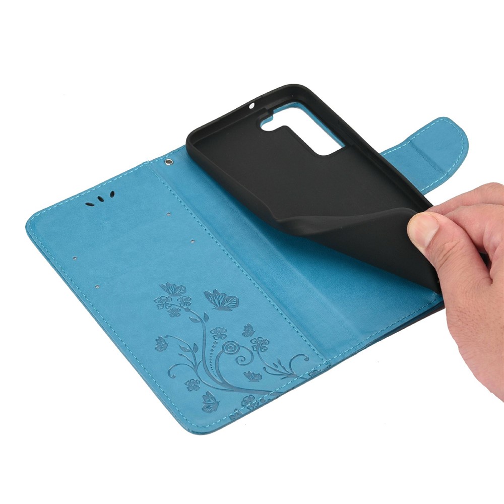 Imprinting Butterflies Flowers PU Leather Folio Flip Phone Case Stand Wallet Cover for Samsung Galaxy S22 - Blue-7