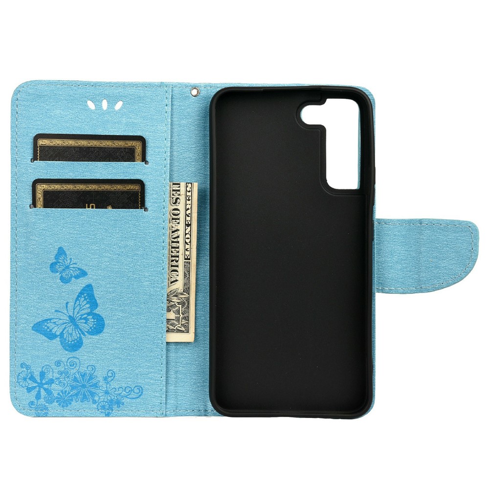 PU Leather Imprinting Butterfly Flower Pattern Phone Wallet Cover Case with Stand for Samsung Galaxy S22 - Blue-4