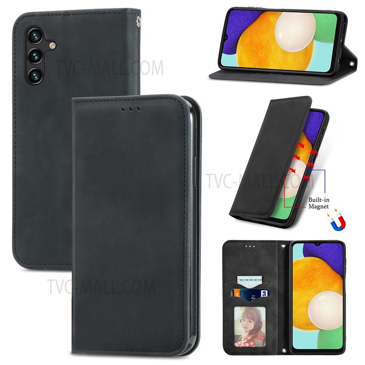 Card Slots Design Skin-touch Vintage PU Leather Stand Auto Closing Magnetic Shockproof Flip Cover for Samsung Galaxy A13 5G - Black-7