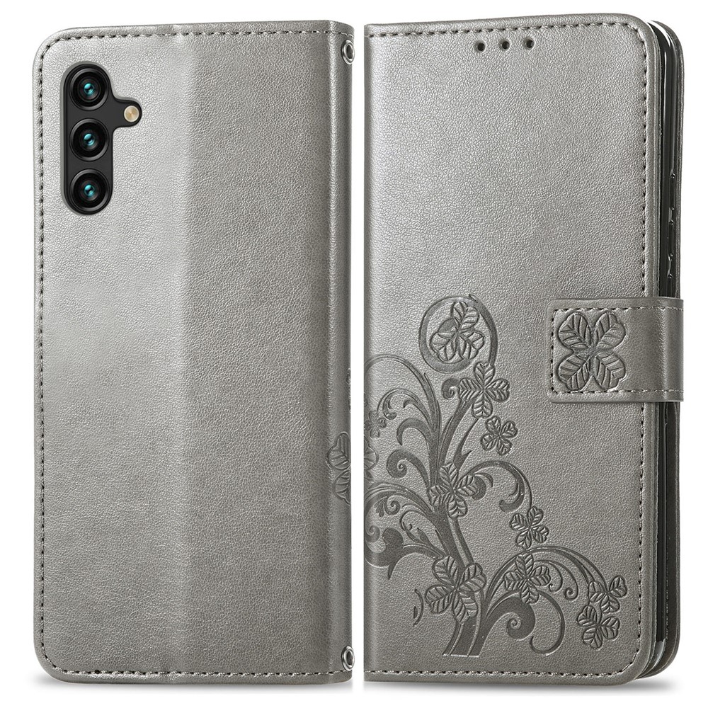 PU Leather and TPU Flip Cover Four-leaf Clover Imprinted Wallet Stand Phone Case Protector for Samsung Galaxy A13 5G - Grey-1