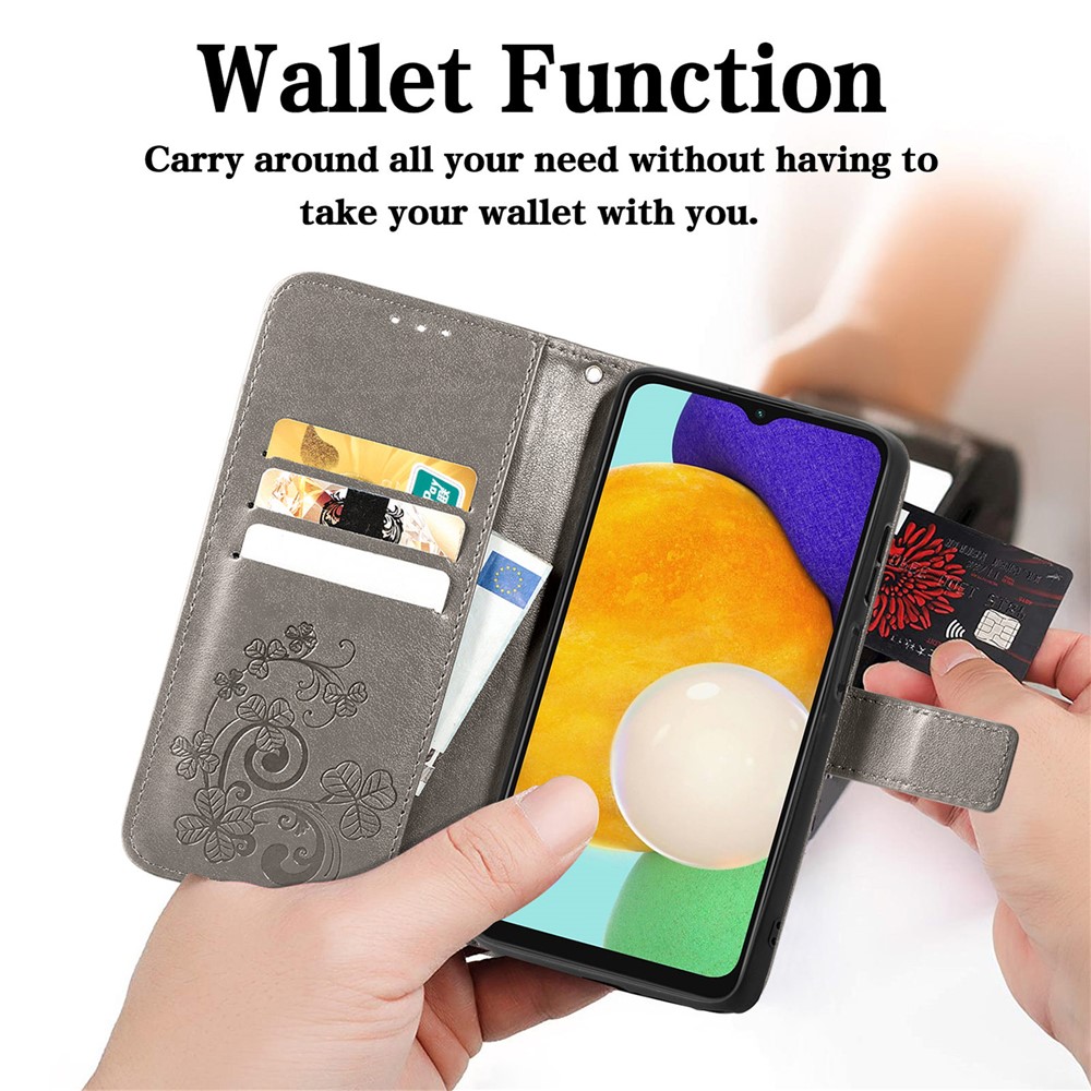 PU Leather and TPU Flip Cover Four-leaf Clover Imprinted Wallet Stand Phone Case Protector for Samsung Galaxy A13 5G - Grey-3