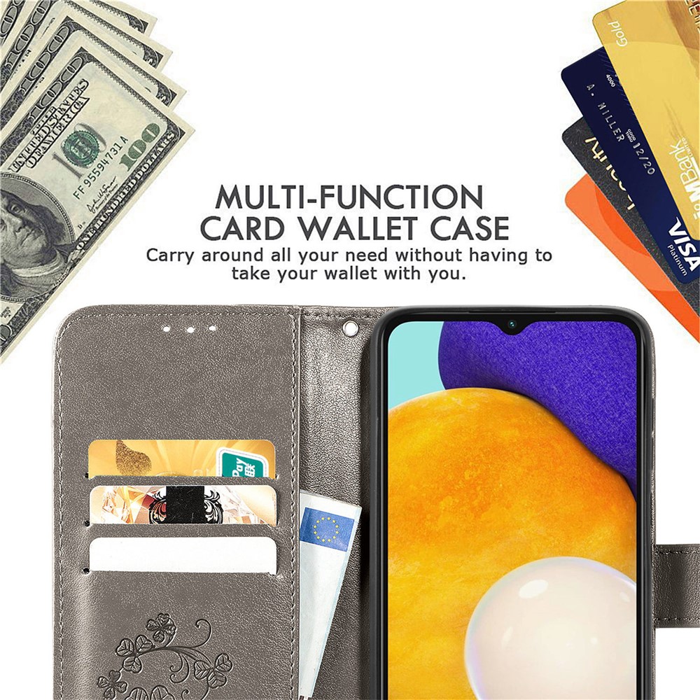 PU Leather and TPU Flip Cover Four-leaf Clover Imprinted Wallet Stand Phone Case Protector for Samsung Galaxy A13 5G - Grey-4