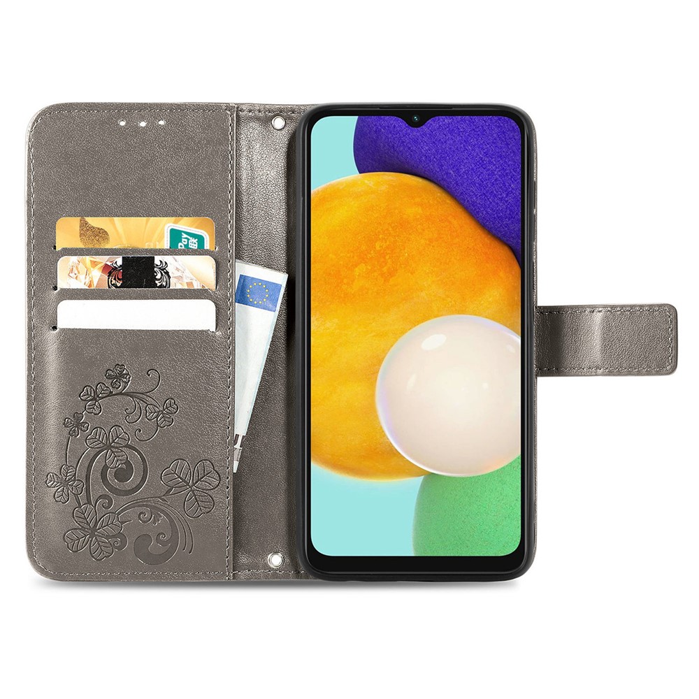 PU Leather and TPU Flip Cover Four-leaf Clover Imprinted Wallet Stand Phone Case Protector for Samsung Galaxy A13 5G - Grey-8