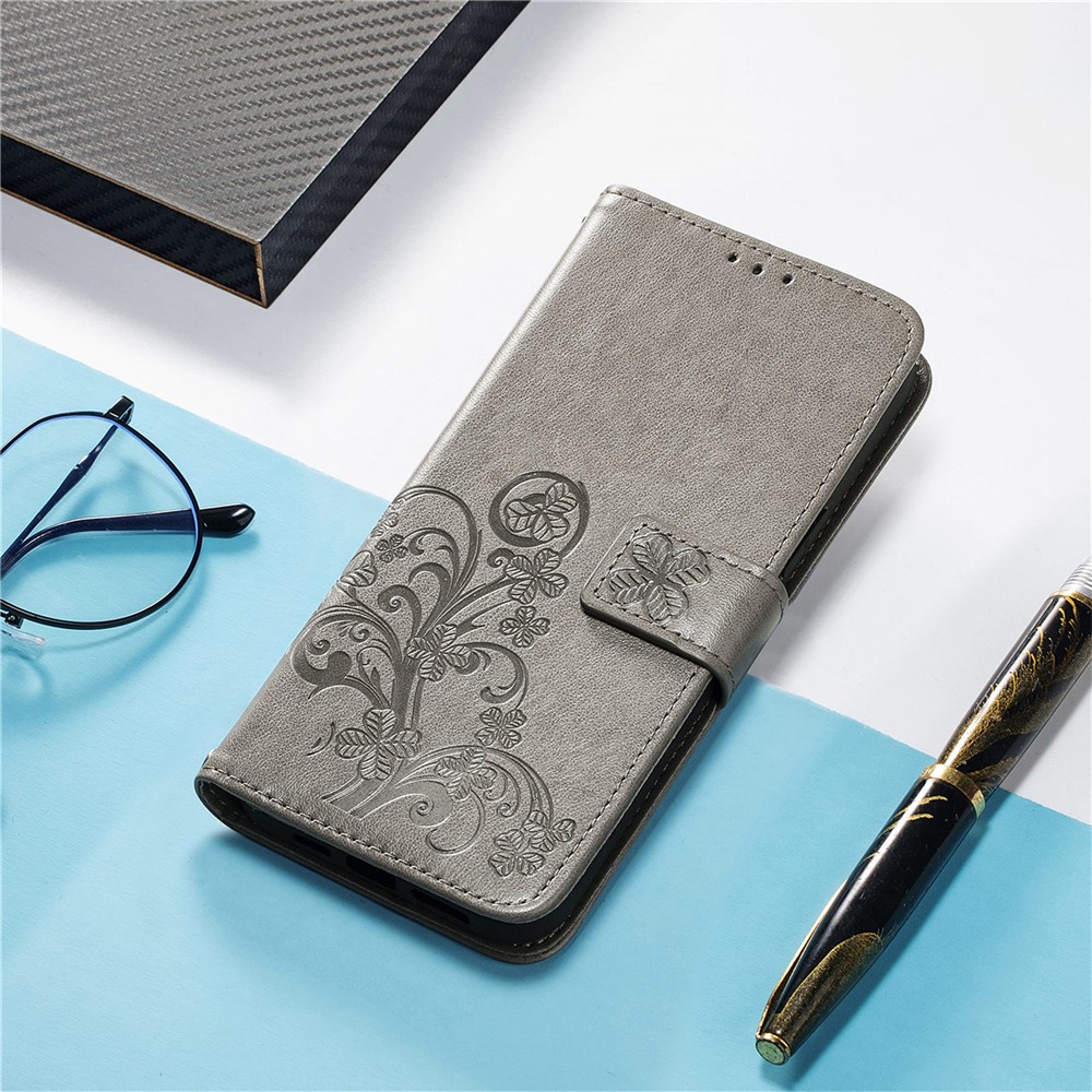PU Leather and TPU Flip Cover Four-leaf Clover Imprinted Wallet Stand Phone Case Protector for Samsung Galaxy A13 5G - Grey-9