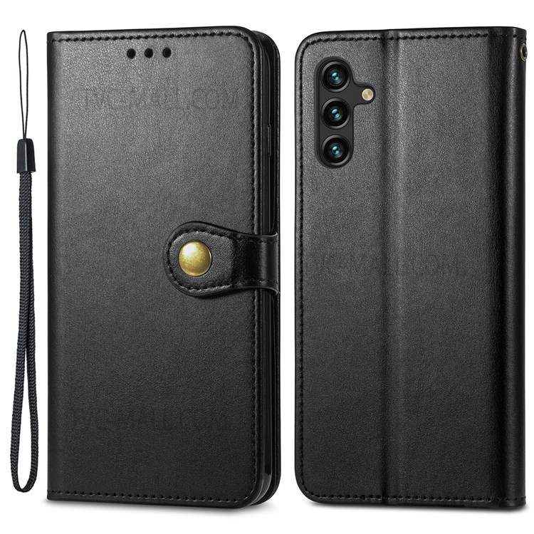 Magnetic Round Buckle PU Leather Wallet Stand Flip Folio Protective Case with Strap for Samsung Galaxy A13 5G - Black-1